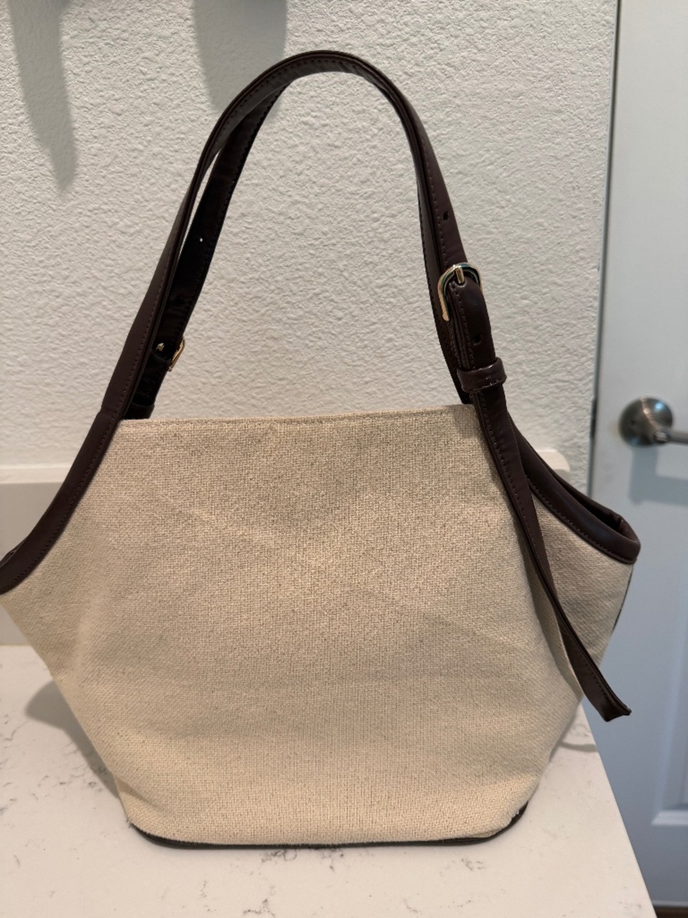 Canvas purse with brown PU accents
